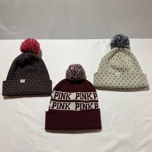 Victoria Secret Knit Pom Pom Hat & Coal Headwear Hat Pom Pom (2) Lot Of 3 Womens